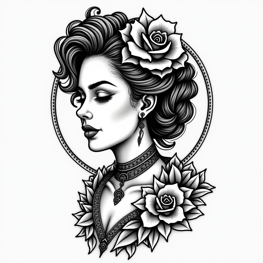Rosain authentic tattoo style, incorporating traditional modifications, bold black outlines, solid color fills, featuring classic authentic elements - Variation 4