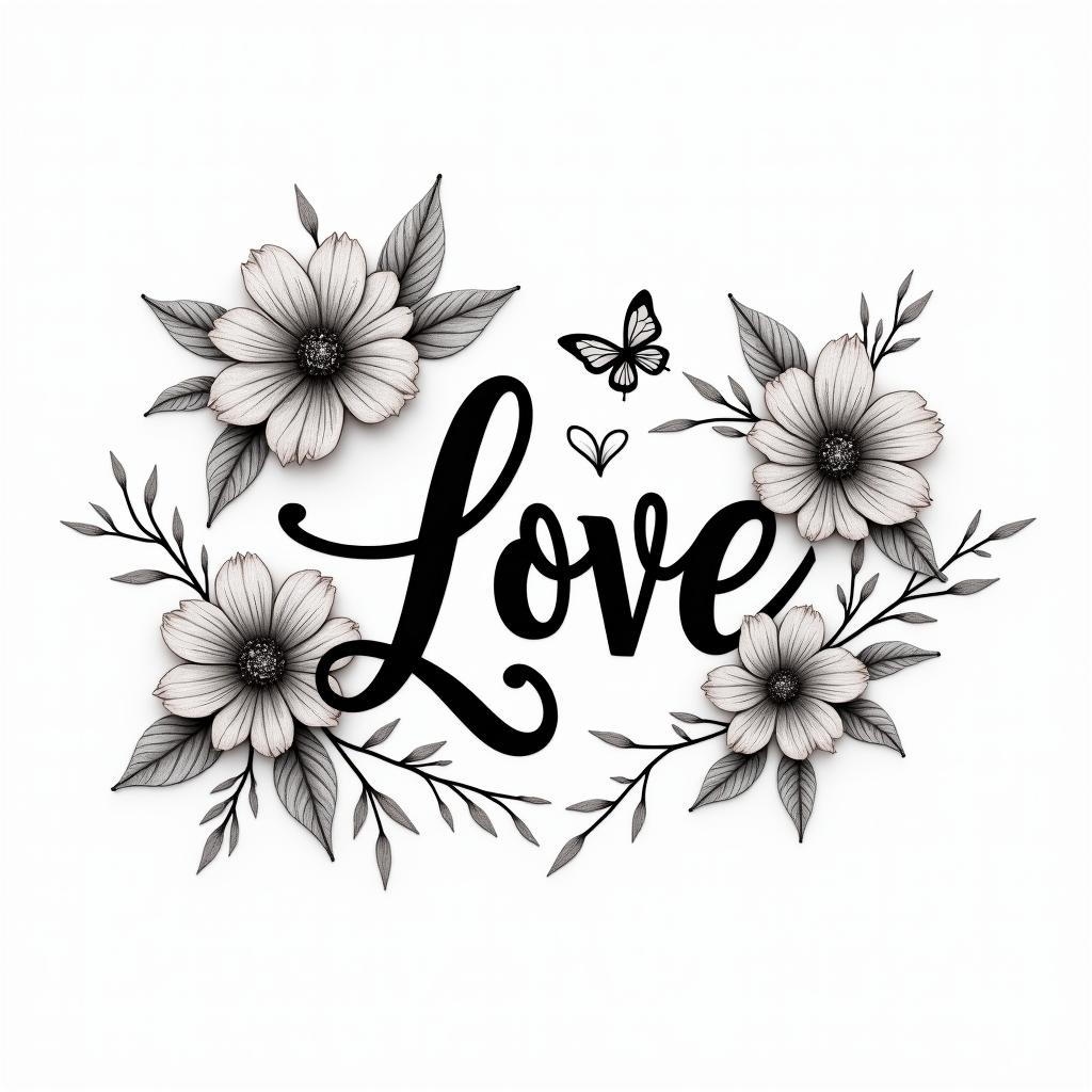 Errol flowers and butterfly’sin elegant cursive calligraphy style 2d tattoo, decorate with roses, featuring a smooth and flowing handwritten script with slightly thickened strokes for a luxurious and bold appearance,  heart symbol between names,  sleek and glossy black text with shadowing, minimalist matte white background, clean and sharp edges, illuminated with soft lighting, romantic, 8k, high-quality textures with refined typography - Variation 4