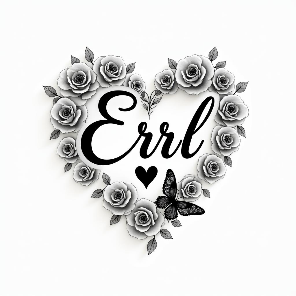 Errol flowers and butterfly’sin elegant cursive calligraphy style 2d tattoo, decorate with roses, featuring a smooth and flowing handwritten script with slightly thickened strokes for a luxurious and bold appearance,  heart symbol between names,  sleek and glossy black text with shadowing, minimalist matte white background, clean and sharp edges, illuminated with soft lighting, romantic, 8k, high-quality textures with refined typography