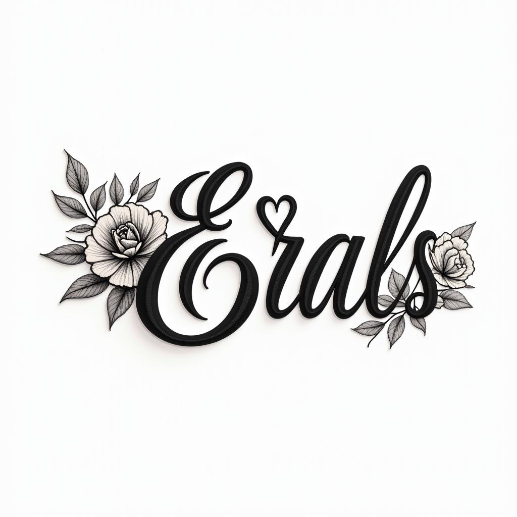 Errol flowers and butterfly’sin elegant cursive calligraphy style 2d tattoo, decorate with roses, featuring a smooth and flowing handwritten script with slightly thickened strokes for a luxurious and bold appearance,  heart symbol between names,  sleek and glossy black text with shadowing, minimalist matte white background, clean and sharp edges, illuminated with soft lighting, romantic, 8k, high-quality textures with refined typography - Variation 2