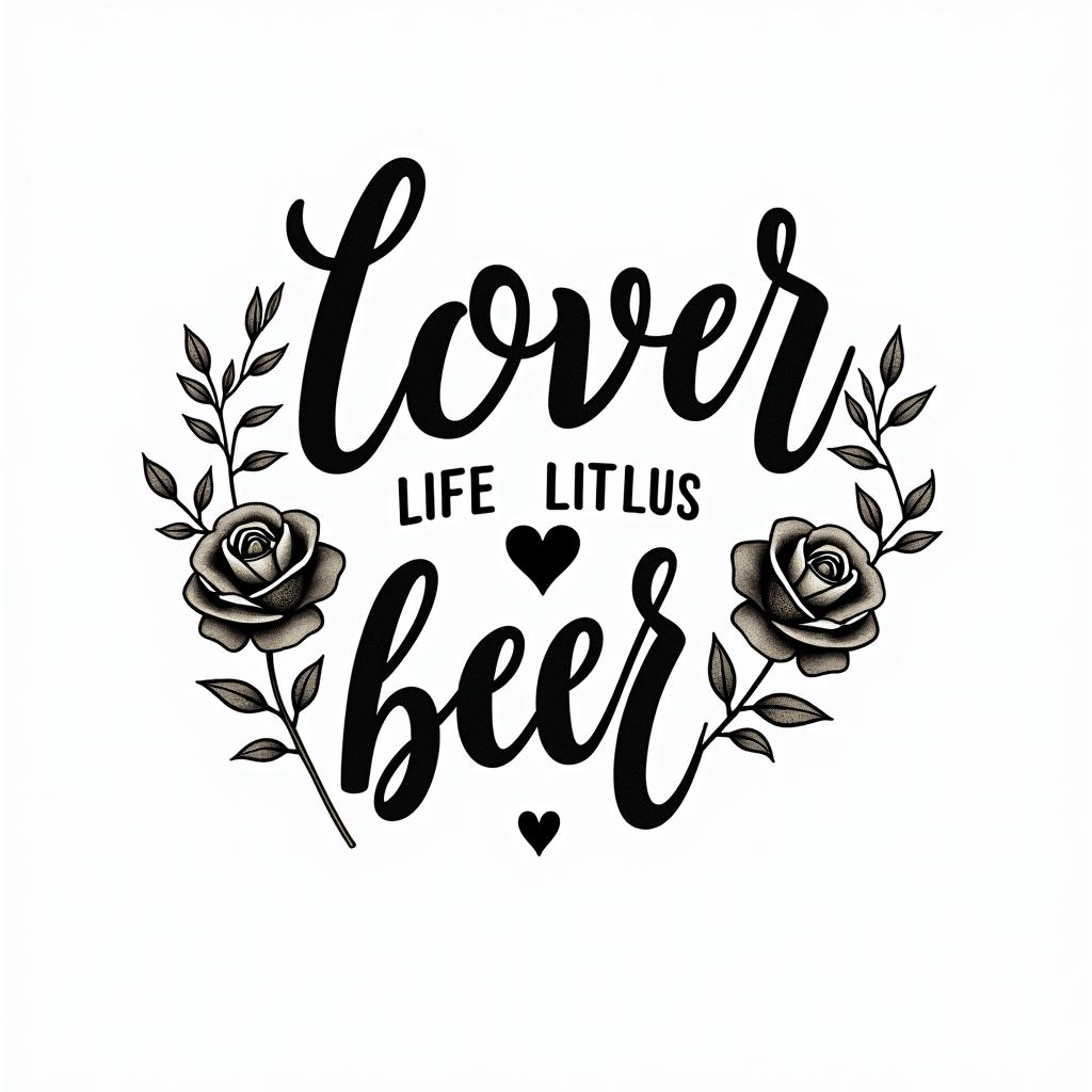 Lesbian, lover of life and beerin elegant cursive calligraphy style 2d tattoo, decorate with roses, featuring a smooth and flowing handwritten script with slightly thickened strokes for a luxurious and bold appearance,  heart symbol between names,  sleek and glossy black text with shadowing, minimalist matte white background, clean and sharp edges, illuminated with soft lighting, romantic, 8k, high-quality textures with refined typography - Variation 3