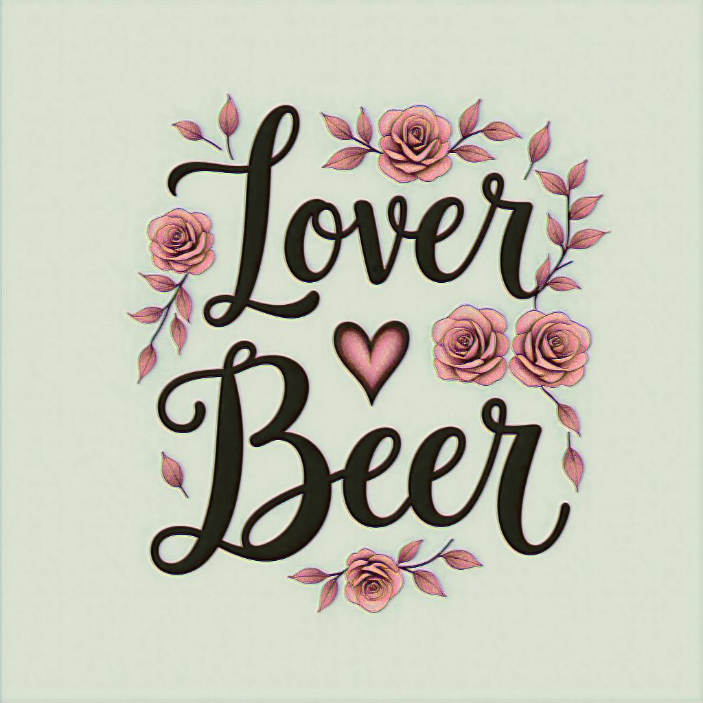 Lesbian, lover of life and beerin elegant cursive calligraphy style 2d tattoo, decorate with roses, featuring a smooth and flowing handwritten script with slightly thickened strokes for a luxurious and bold appearance,  heart symbol between names,  sleek and glossy black text with shadowing, minimalist matte white background, clean and sharp edges, illuminated with soft lighting, romantic, 8k, high-quality textures with refined typography - Variation 4