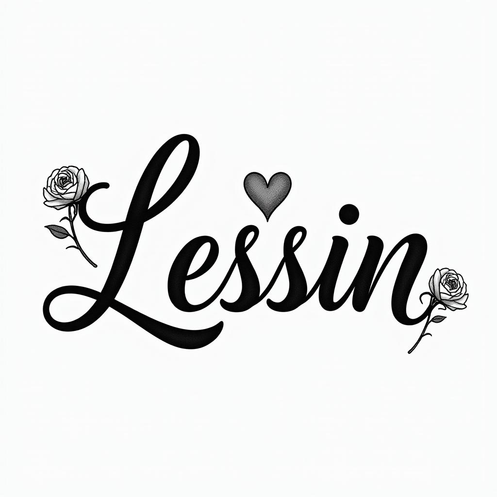 Lesbian, lover of life and beerin elegant cursive calligraphy style 2d tattoo, decorate with roses, featuring a smooth and flowing handwritten script with slightly thickened strokes for a luxurious and bold appearance,  heart symbol between names,  sleek and glossy black text with shadowing, minimalist matte white background, clean and sharp edges, illuminated with soft lighting, romantic, 8k, high-quality textures with refined typography