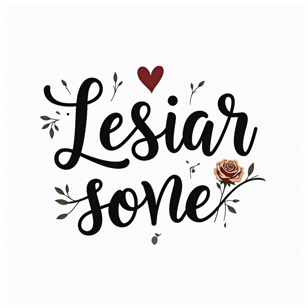 Lesbian, lover of life and beerin elegant cursive calligraphy style 2d tattoo, decorate with roses, featuring a smooth and flowing handwritten script with slightly thickened strokes for a luxurious and bold appearance,  heart symbol between names,  sleek and glossy black text with shadowing, minimalist matte white background, clean and sharp edges, illuminated with soft lighting, romantic, 8k, high-quality textures with refined typography - Variation 2