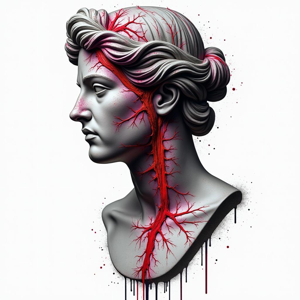 Blood vesselsin distorted and fragmented tattoo design, featuring a classical statue bust, in a glitch art style with vibrant, overlapping colors of cyan, magenta, and yellow, creating a digital distortion effect - Variation 4