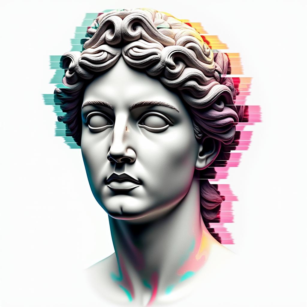 Blood vesselsin distorted and fragmented tattoo design, featuring a classical statue bust, in a glitch art style with vibrant, overlapping colors of cyan, magenta, and yellow, creating a digital distortion effect