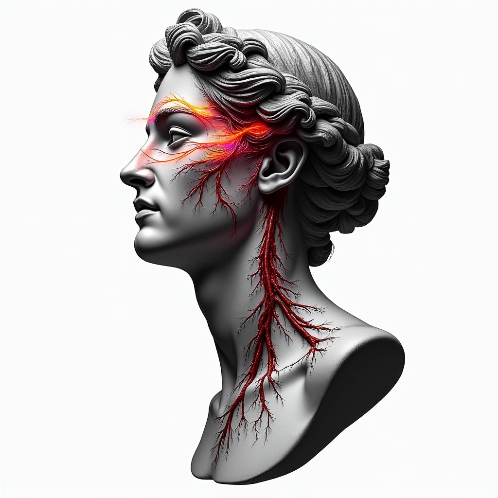 Blood vesselsin distorted and fragmented tattoo design, featuring a classical statue bust, in a glitch art style with vibrant, overlapping colors of cyan, magenta, and yellow, creating a digital distortion effect - Variation 3