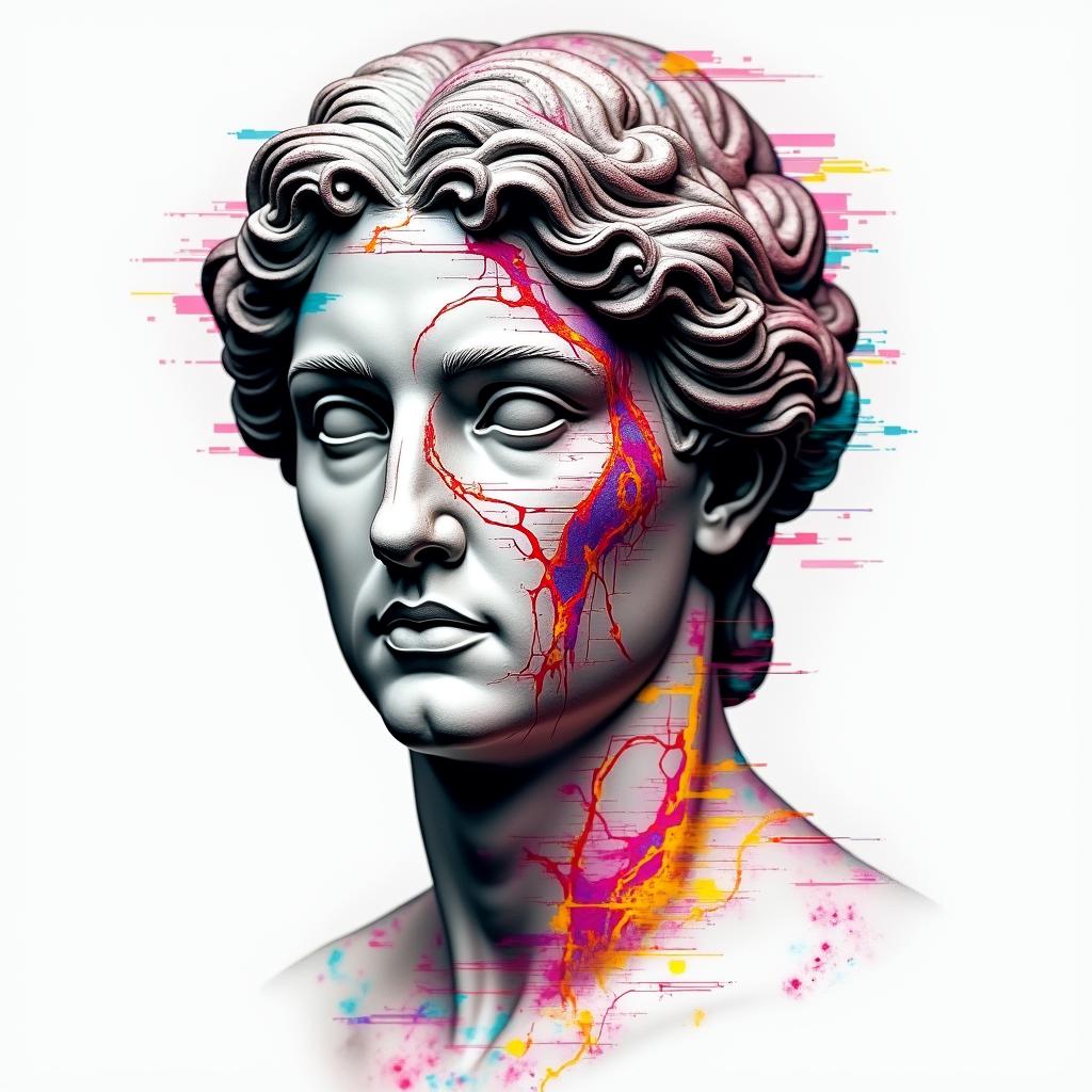 Blood vesselsin distorted and fragmented tattoo design, featuring a classical statue bust, in a glitch art style with vibrant, overlapping colors of cyan, magenta, and yellow, creating a digital distortion effect - Variation 2