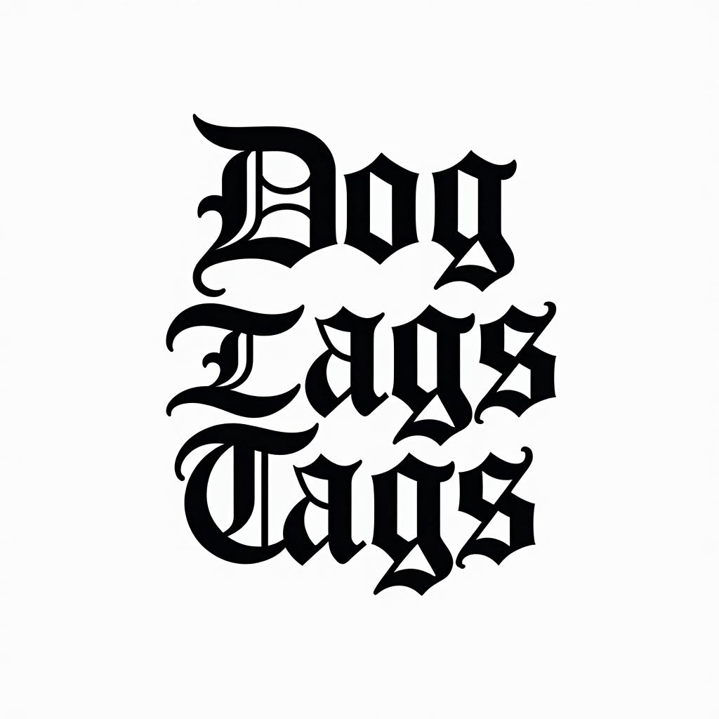 Dog tags Picturetext-based tattoo, gothic font ultra-realistic, perfectly placed, high-quality font design, photo-realistic shading, 8k, high quality, finely detailed typography - Variation 1