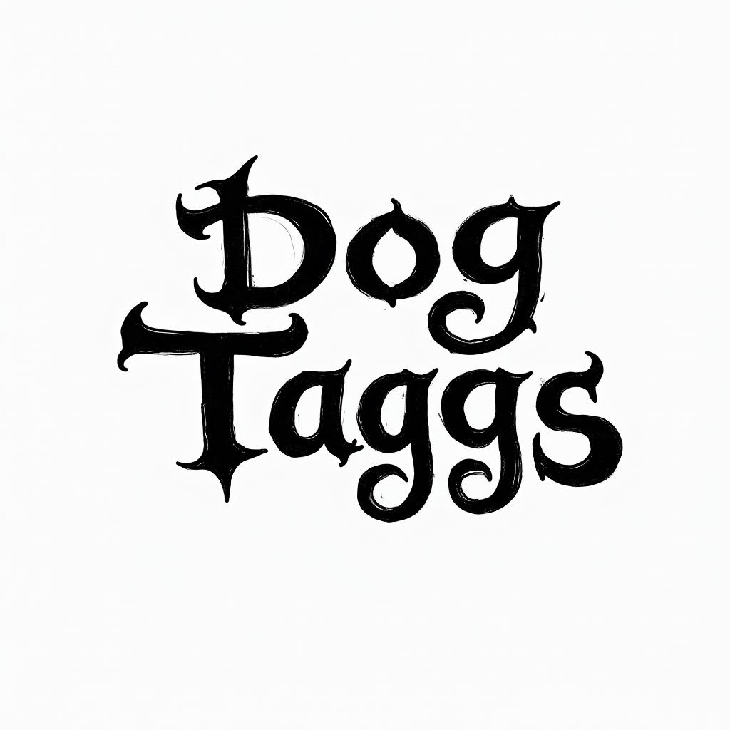 Dog tags Picturetext-based tattoo, gothic font ultra-realistic, perfectly placed, high-quality font design, photo-realistic shading, 8k, high quality, finely detailed typography - Variation 3