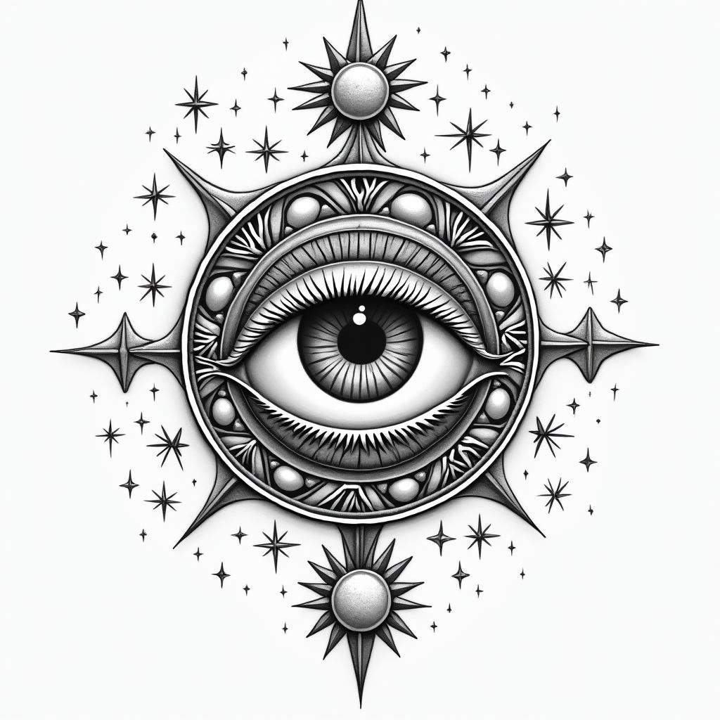 Cancerin prophecy tattoo style, featuring mystical symbols, celestial imagery like stars, moons, suns, geometric patterns, foretelling elements, an eye of wisdom
