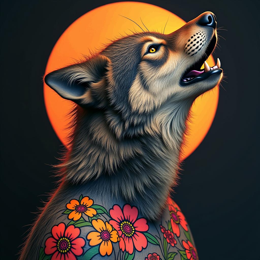 Howling wolf under the full moonin pop art style tattoo, featuring bold and vibrant colors, exaggerated outlines, iconic imagery, inspired by comic books and speech bubbles, comic book characters, retro pop culture - Variation 4