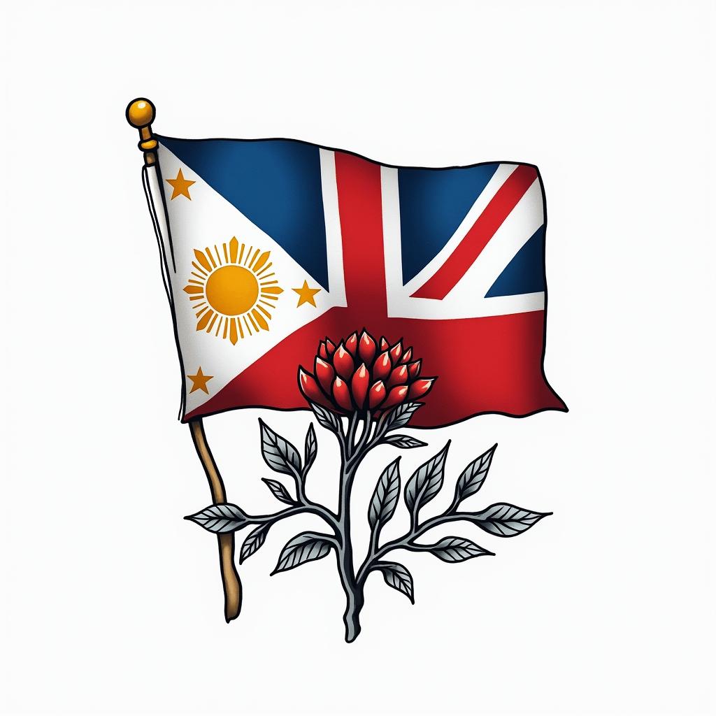 Filipino flag and great Britain flag combinationstext-based tattoo, japanese font ultra-realistic, perfectly placed, high-quality font design, photo-realistic shading, 8k, high quality, finely detailed typograph - Variation 24