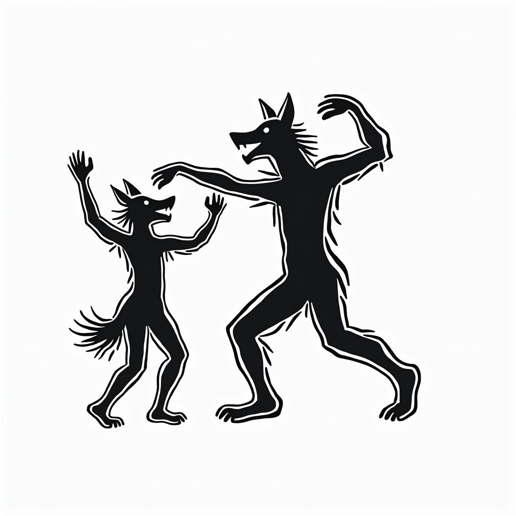 Wolf silhouetteabstract dancing figures in Keith Haring style, featuring bold black outlines and solid color fills, figures posed in dynamic and playful dance movements, minimalist design - Variation 1