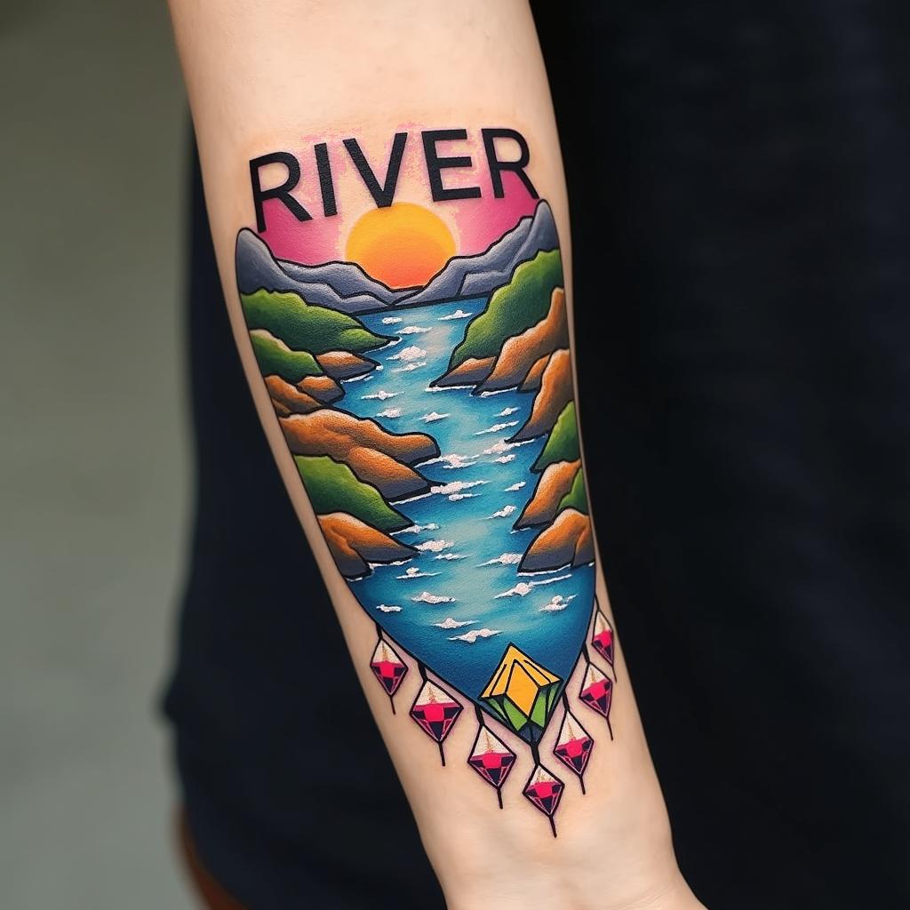 A colorful forearm tattoo featuring a winding river, adorned with vivid diamonds at the bottom, and the name 'RIVER' artistically displayed.undefined