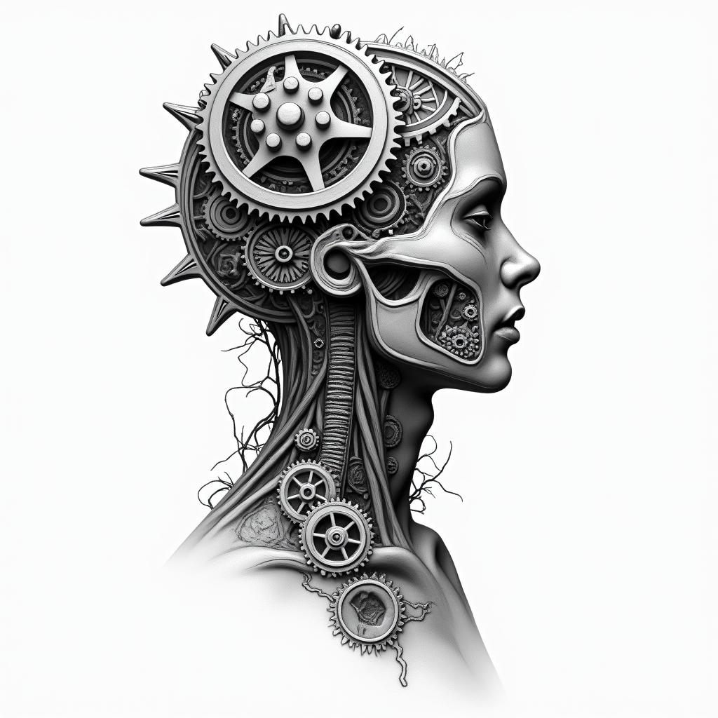 Mechanical gears fused with human anatomy.higly detailed tattoo