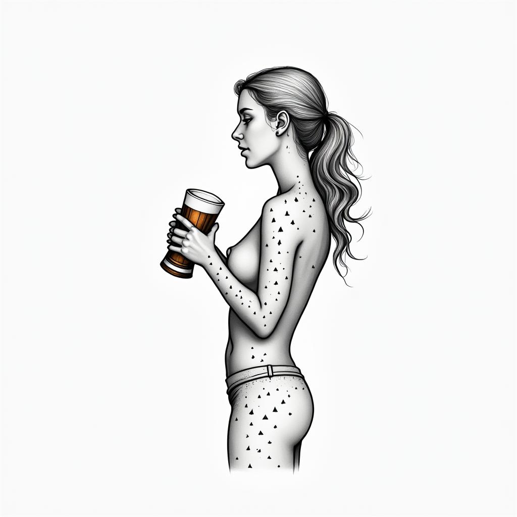 Lesbian, lover of life and beerin minimalist style tattoo, featuring simple shapes and fine lines, with minimal shading and details, tiny triangles, creating a sense of balance and harmony - Variation 3