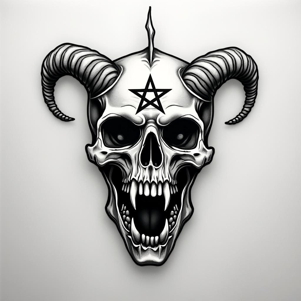 Andrés, Gemini, Mexico Citycreepy horror tattoo style, featuring an eerie and unsettling skull of a demonic creature, distorted face with sharp fangs, add pentagram symbol - Variation 4