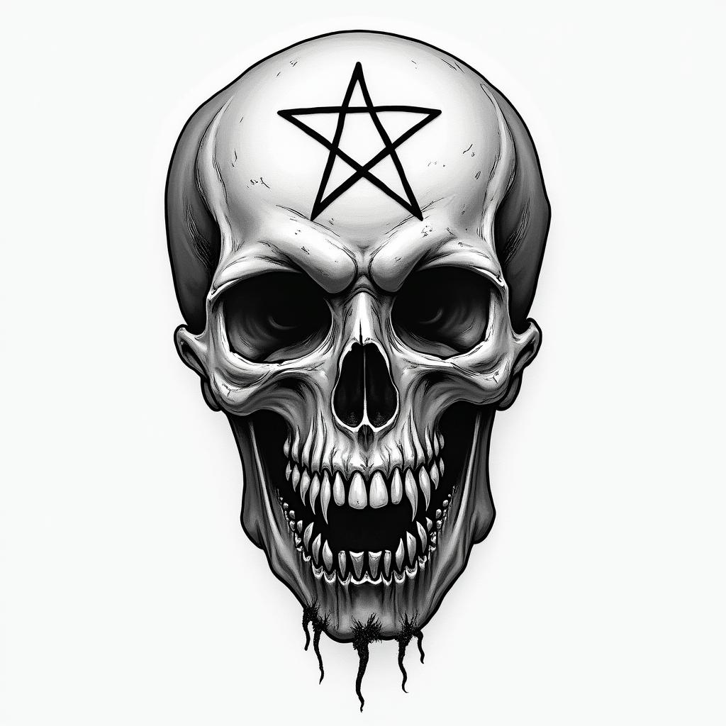 Andrés, Gemini, Mexico Citycreepy horror tattoo style, featuring an eerie and unsettling skull of a demonic creature, distorted face with sharp fangs, add pentagram symbol - Variation 3