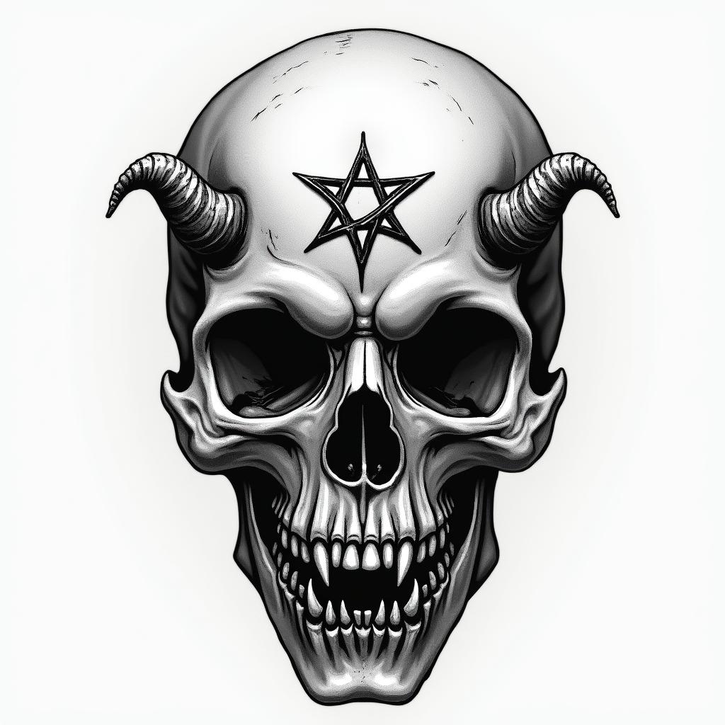 Andrés, Gemini, Mexico Citycreepy horror tattoo style, featuring an eerie and unsettling skull of a demonic creature, distorted face with sharp fangs, add pentagram symbol - Variation 2