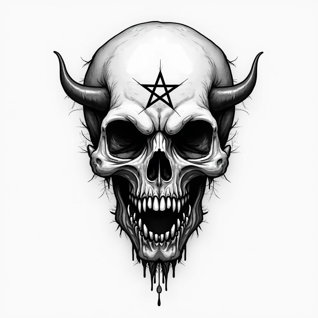Andrés, Gemini, Mexico Citycreepy horror tattoo style, featuring an eerie and unsettling skull of a demonic creature, distorted face with sharp fangs, add pentagram symbol