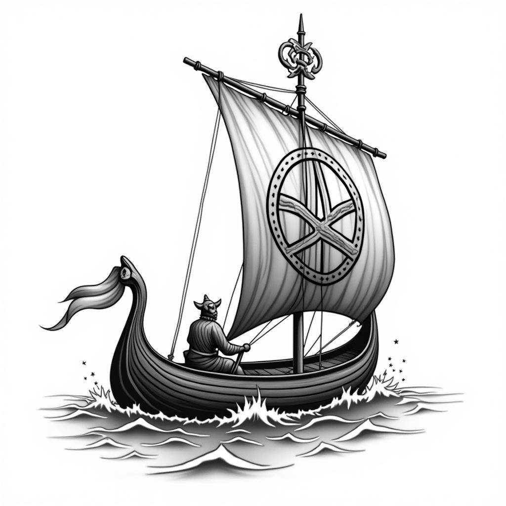 Viking longboat with Yggdrasil on the main sail 
in new school tattoo, pop culture, modern, detailed tattoo, illustrative - Variation 3