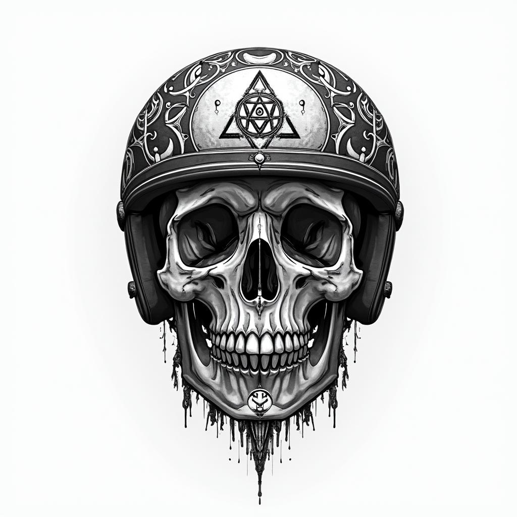 Skull wearing a motorcycle helmetin paganic style tattoo, featuring ancient symbols, add vegvisir symbol, mystical figures, incorporating designs, pentagrams, runes, crescent moons,