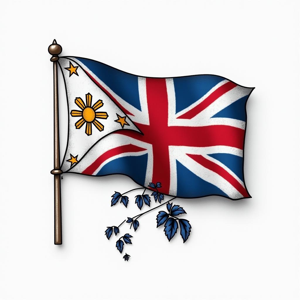 Filipino flag and great Britain flag combinationstext-based tattoo, japanese font ultra-realistic, perfectly placed, high-quality font design, photo-realistic shading, 8k, high quality, finely detailed typograph - Variation 21