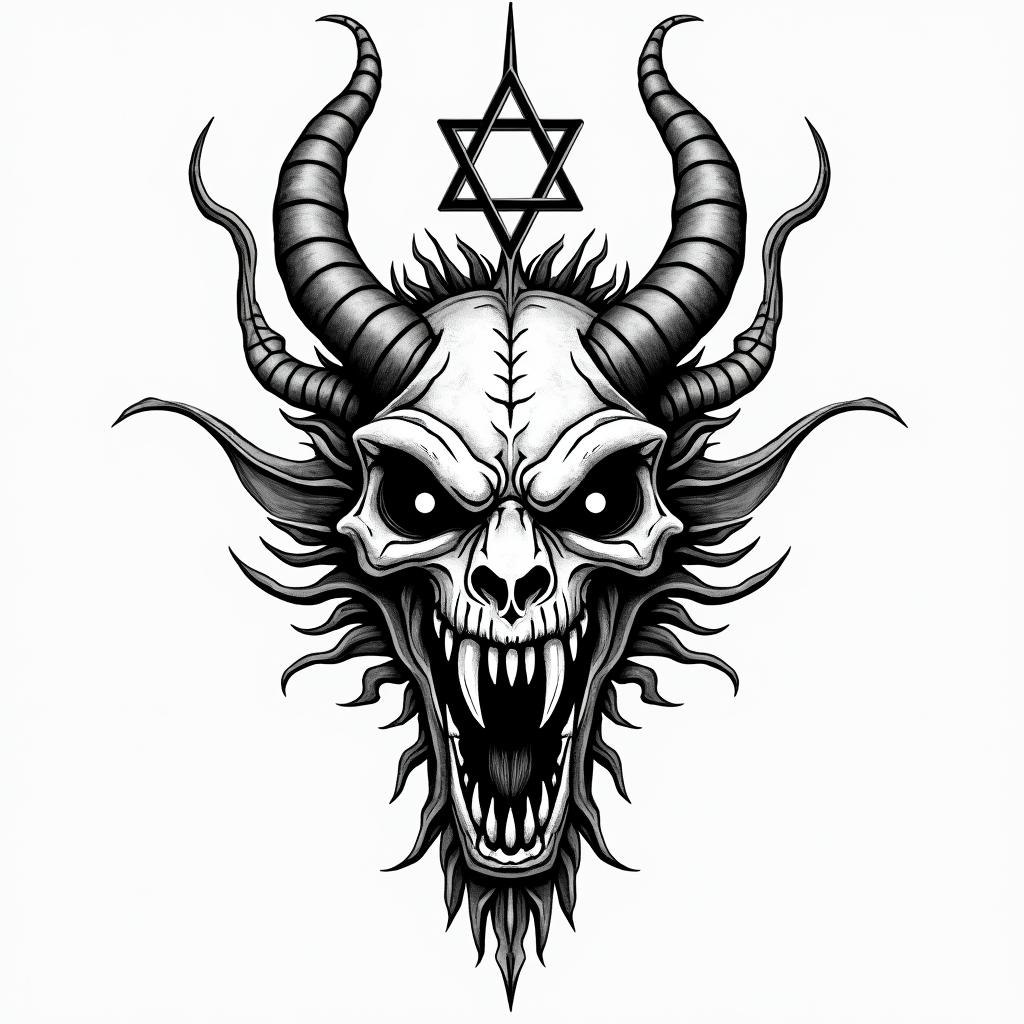 Asian dragon illustrationcreepy horror tattoo style, featuring an eerie and unsettling skull of a demonic creature, distorted face with sharp fangs, add pentagram symbol - Variation 4