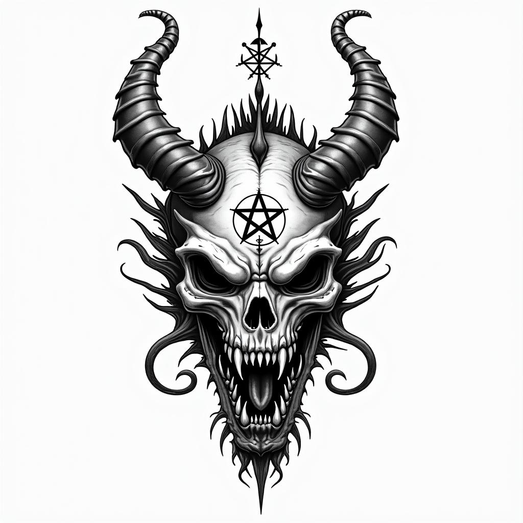 Asian dragon illustrationcreepy horror tattoo style, featuring an eerie and unsettling skull of a demonic creature, distorted face with sharp fangs, add pentagram symbol - Variation 3