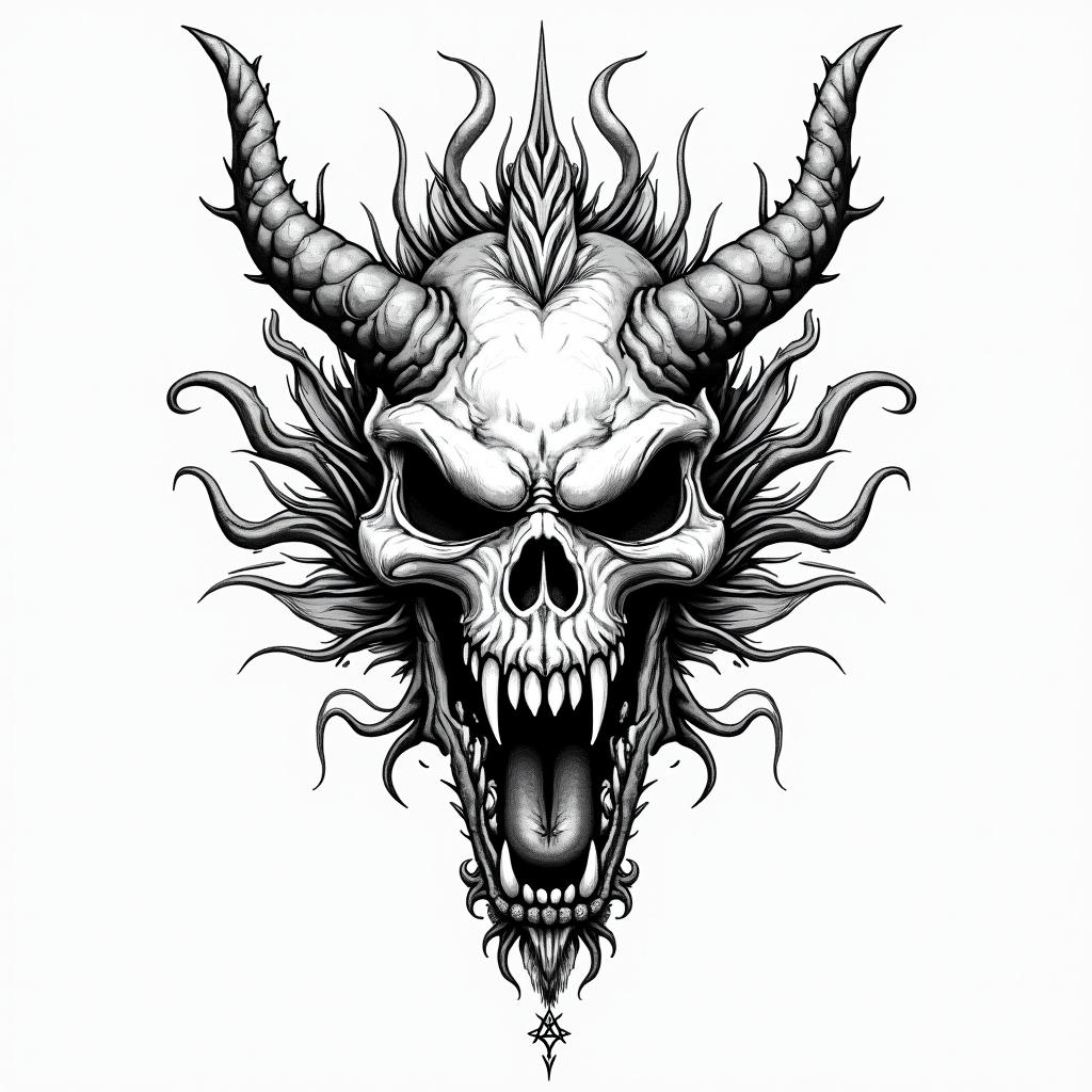 Asian dragon illustrationcreepy horror tattoo style, featuring an eerie and unsettling skull of a demonic creature, distorted face with sharp fangs, add pentagram symbol - Variation 2