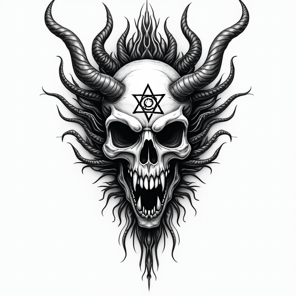 Asian dragon illustrationcreepy horror tattoo style, featuring an eerie and unsettling skull of a demonic creature, distorted face with sharp fangs, add pentagram symbol
