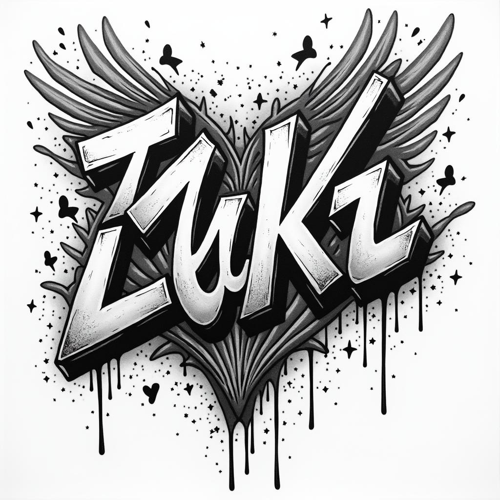 Demitrius Leonardin graffiti style tattoo, featuring bold and dynamic street art elements, spray-paint texture with exaggerated lines and expressive, chaotic brushstrokes, intricate lettering incorporated with graffiti tags, symbols like hearts, stars, and wings - Variation 3