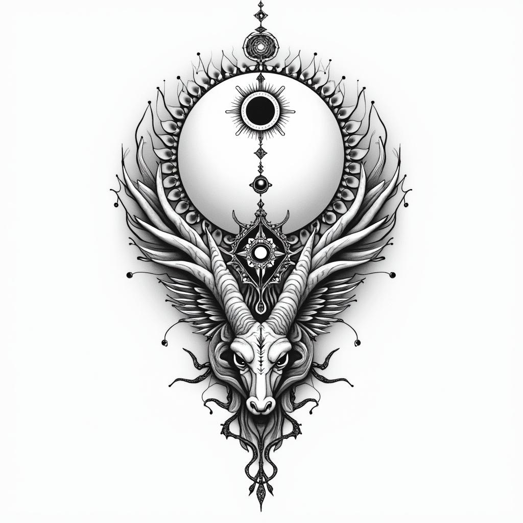 Flowing water, enlightened soul, moon,dragon, 88, cosmic vibration, strength, love, time, infinite, watching, chakrain spiritual symbols tattoo style, featuring an intricate design incorporating elements, Hamsa hand, third eye, minimalist composition - Variation 7