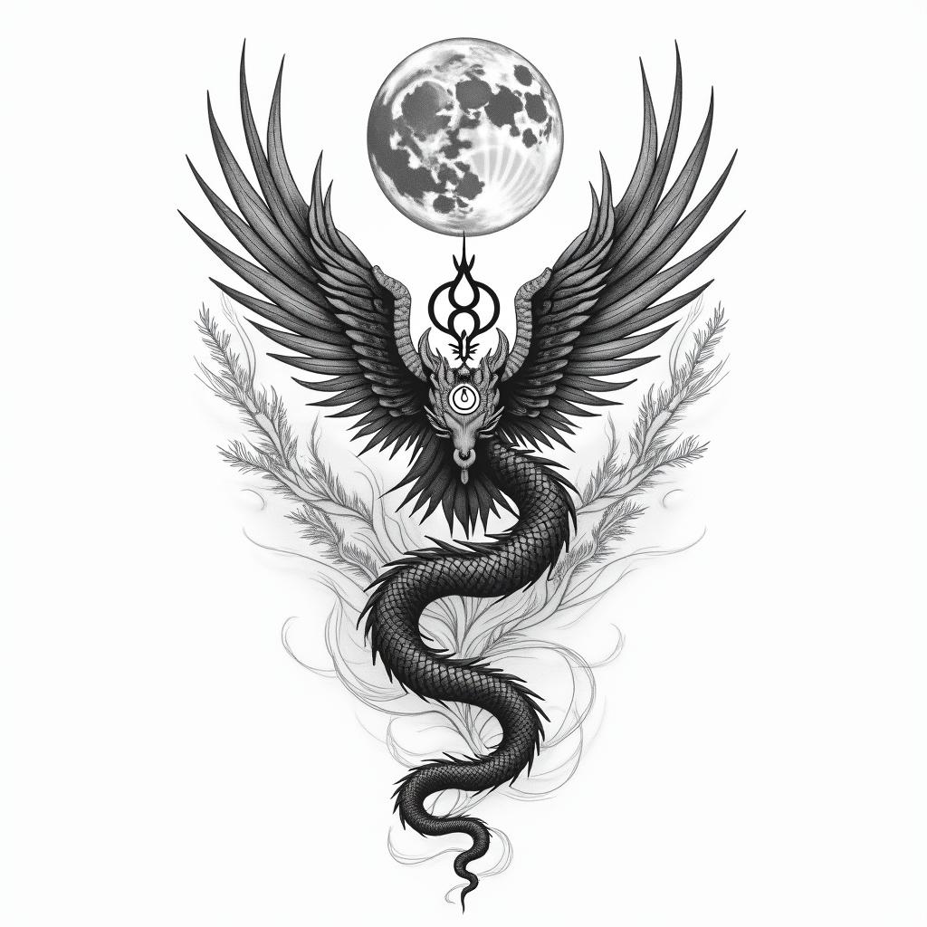 Flowing water, enlightened soul, moon,dragon, 88, cosmic vibration, strength, love, time, infinite, watching, chakrain spiritual symbols tattoo style, featuring an intricate design incorporating elements, Hamsa hand, third eye, minimalist composition - Variation 8