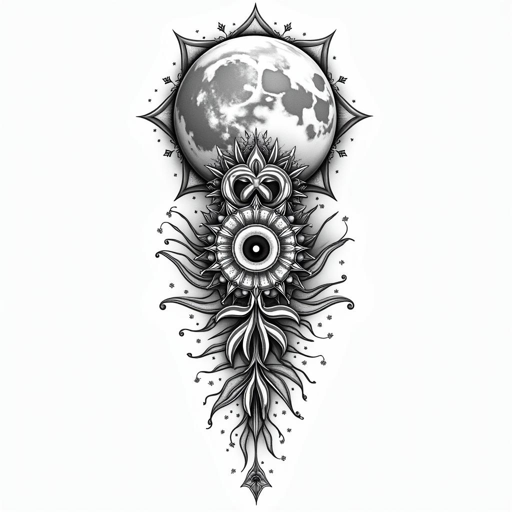 Flowing water, enlightened soul, moon,dragon, 88, cosmic vibration, strength, love, time, infinite, watching, chakrain spiritual symbols tattoo style, featuring an intricate design incorporating elements, Hamsa hand, third eye, minimalist composition - Variation 6