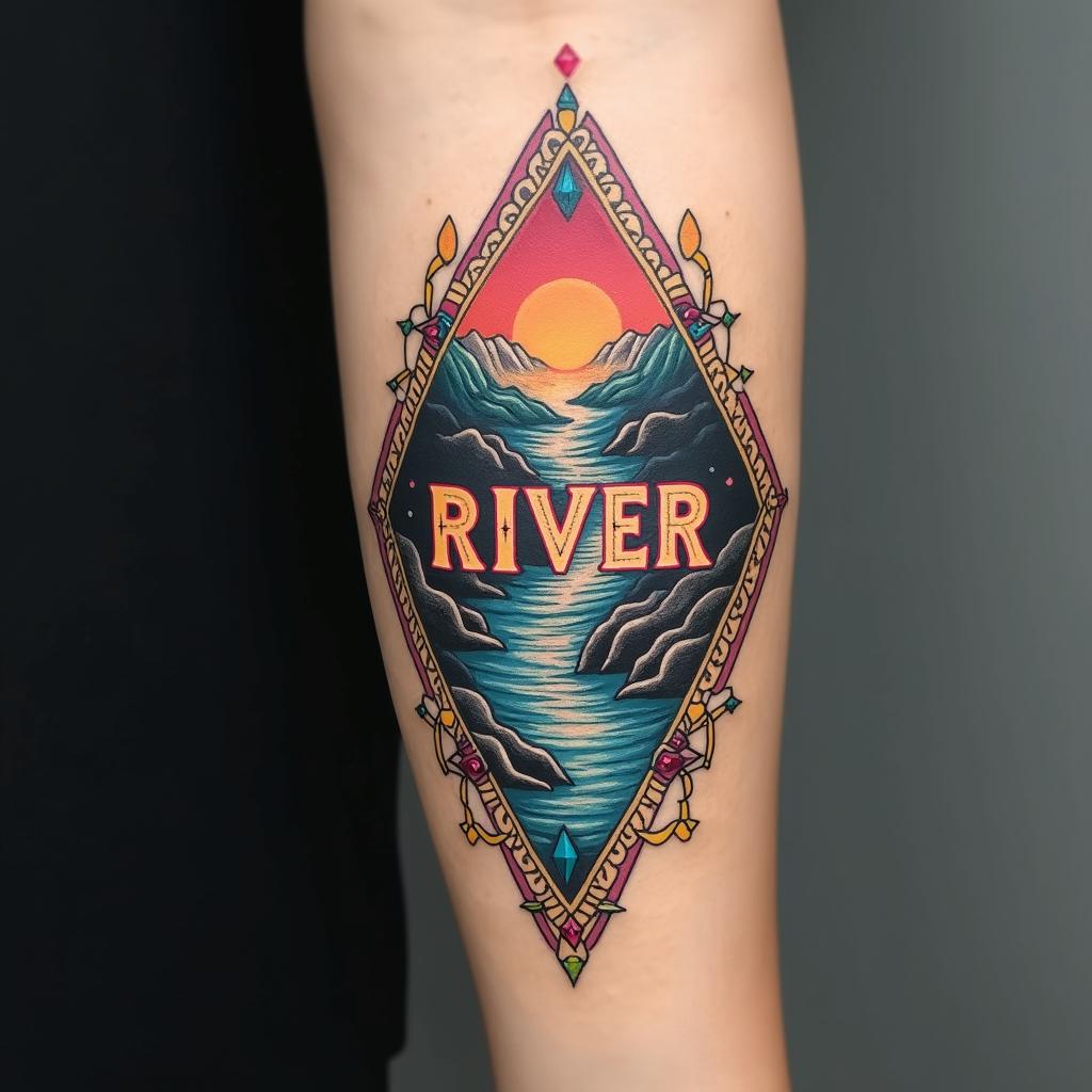A Nordic-themed forearm tattoo showcasing a colorful winding river, embellished with bright diamonds and runic elements representing the name 'RIVER' in a unique style.undefined