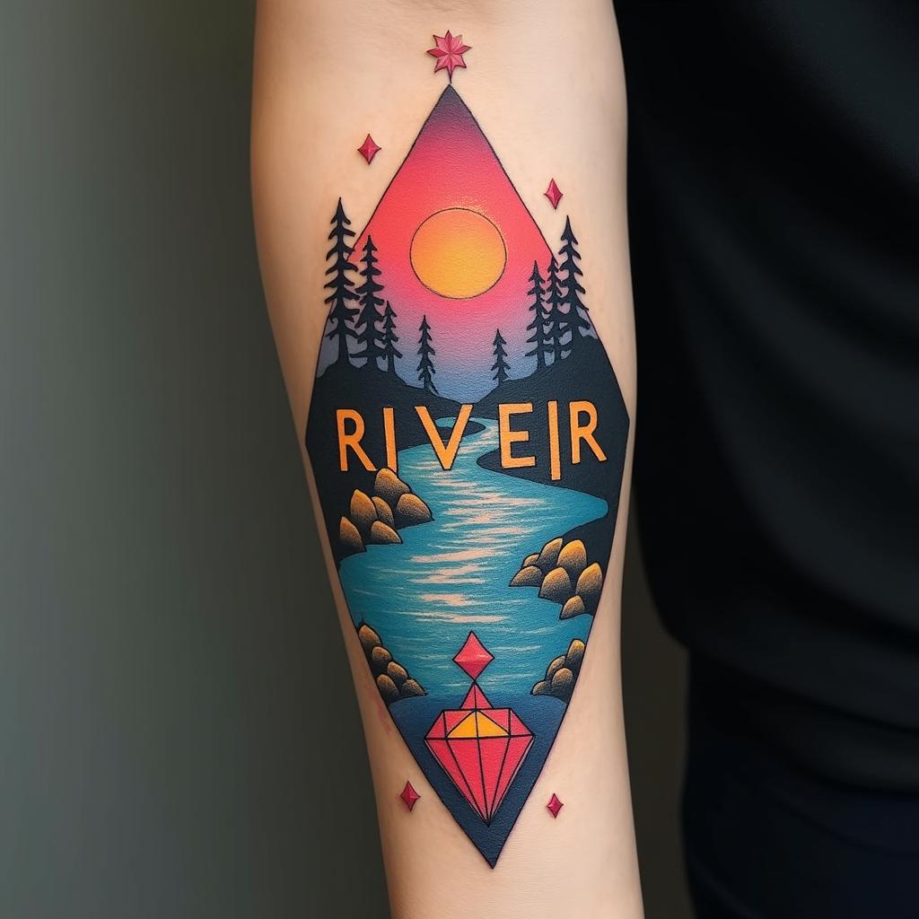 An artistic forearm tattoo with a Nordic aesthetic, featuring a colorful, winding river, vivid diamonds at its base, and the name 'RIVER' integrated with Norse motifs.undefined