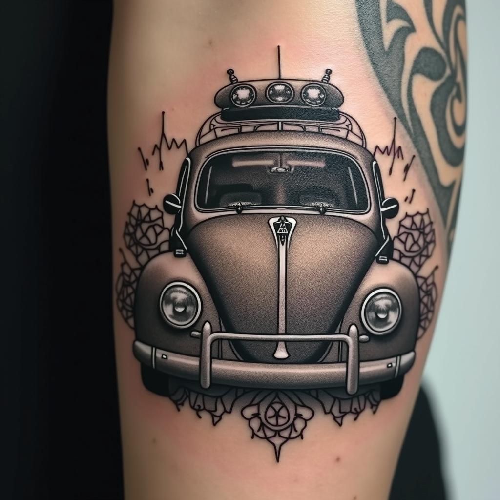 Easy riders, VW Beetle, São Bento and 1980 in geometric style tattoo, blending hexagons, mandala-inspired patterns, symmetrical and fractal design, clean lines, sharp angles