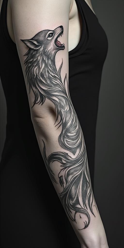 arm cover up, mix of wolf and phoenixin authentic tattoo style, incorporating traditional modifications, bold black outlines, solid color fills, featuring classic authentic elements