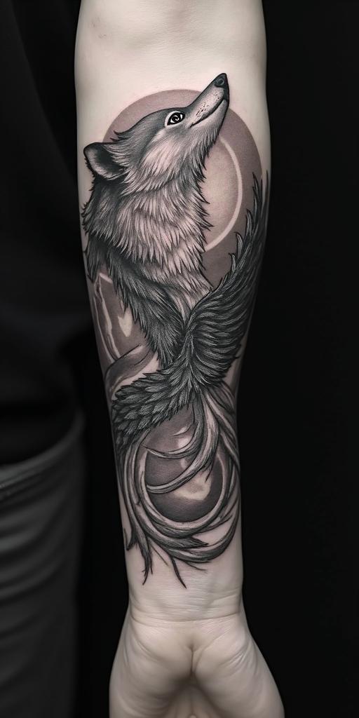 arm cover up, mix of wolf and phoenixin authentic tattoo style, incorporating traditional modifications, bold black outlines, solid color fills, featuring classic authentic elements - Variation 4