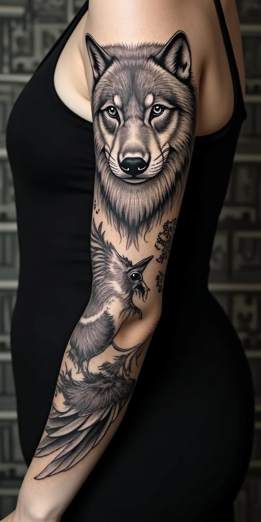 arm cover up, mix of wolf and phoenixin authentic tattoo style, incorporating traditional modifications, bold black outlines, solid color fills, featuring classic authentic elements - Variation 2