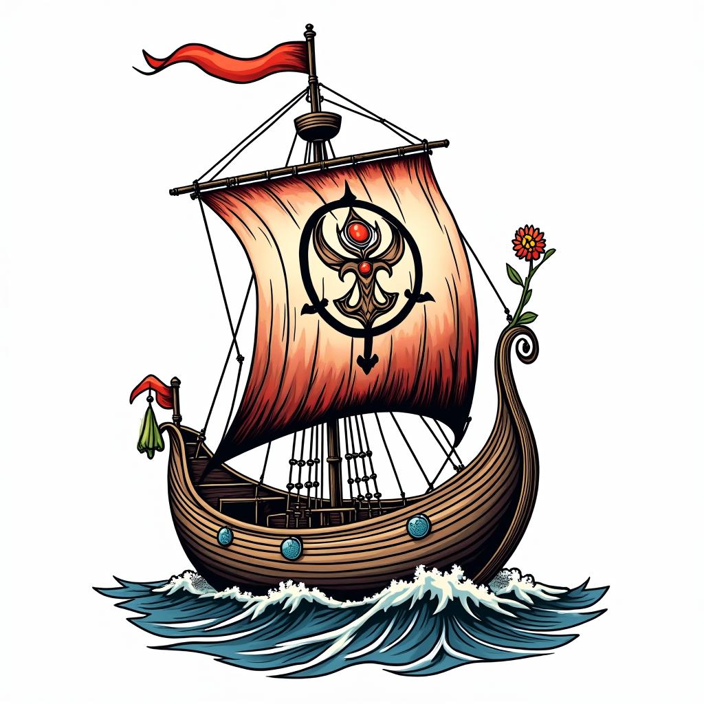 Traditional style Viking longboat with Yggdrasil on the main sail 
in pop art style tattoo, featuring bold and vibrant colors, exaggerated outlines, iconic imagery, inspired by comic books and speech bubbles, comic book characters, retro pop culture - Variation 10