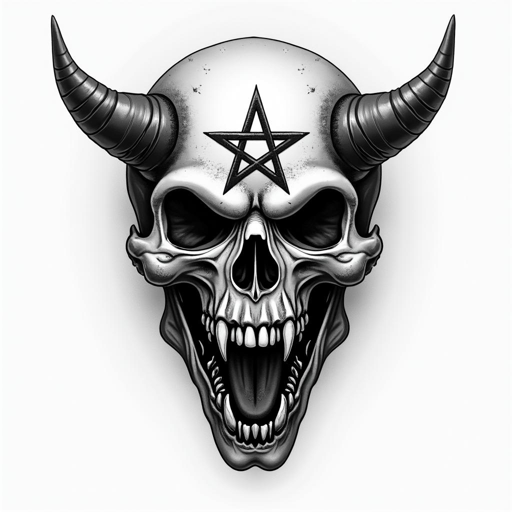 Military Dog tags picturecreepy horror tattoo style, featuring an eerie and unsettling skull of a demonic creature, distorted face with sharp fangs, add pentagram symbol - Variation 1