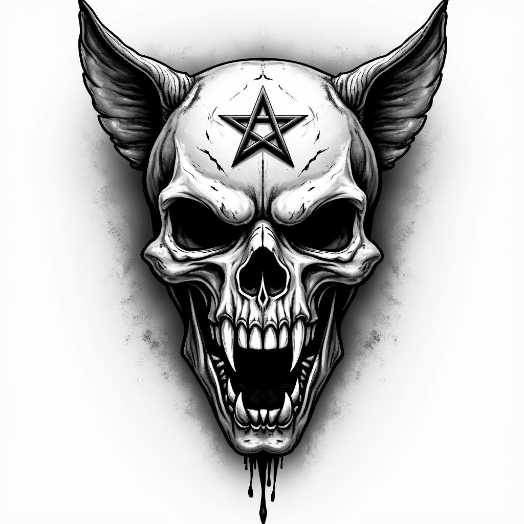 Military Dog tags picturecreepy horror tattoo style, featuring an eerie and unsettling skull of a demonic creature, distorted face with sharp fangs, add pentagram symbol - Variation 3