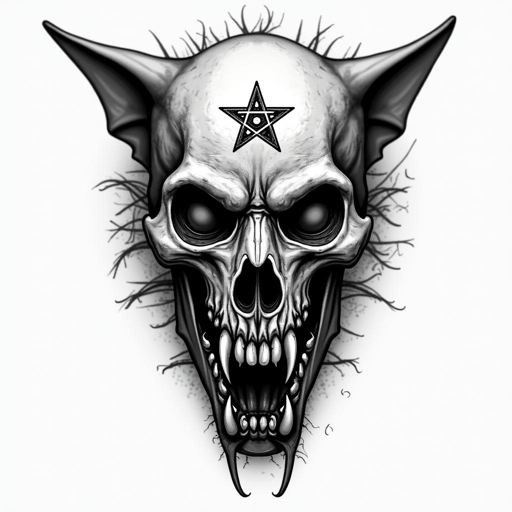 Military Dog tags picturecreepy horror tattoo style, featuring an eerie and unsettling skull of a demonic creature, distorted face with sharp fangs, add pentagram symbol - Variation 4