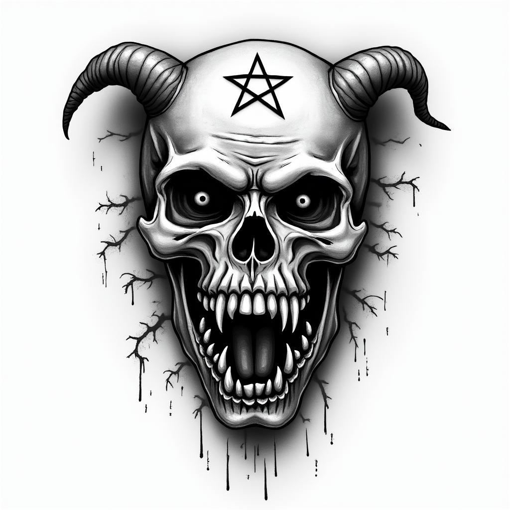 Military Dog tags picturecreepy horror tattoo style, featuring an eerie and unsettling skull of a demonic creature, distorted face with sharp fangs, add pentagram symbol - Variation 2