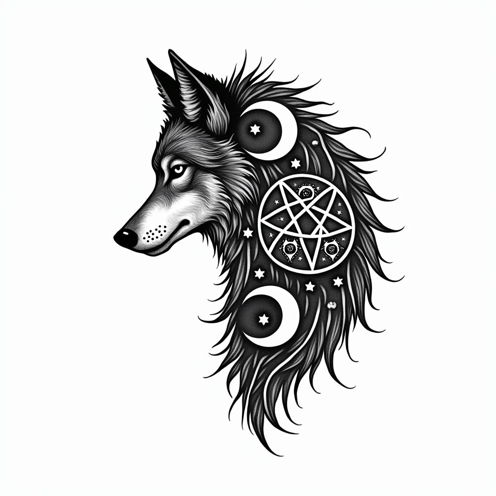 Wolf silhouettein paganic style tattoo, featuring ancient symbols, add vegvisir symbol, mystical figures, incorporating designs, pentagrams, runes, crescent moons,