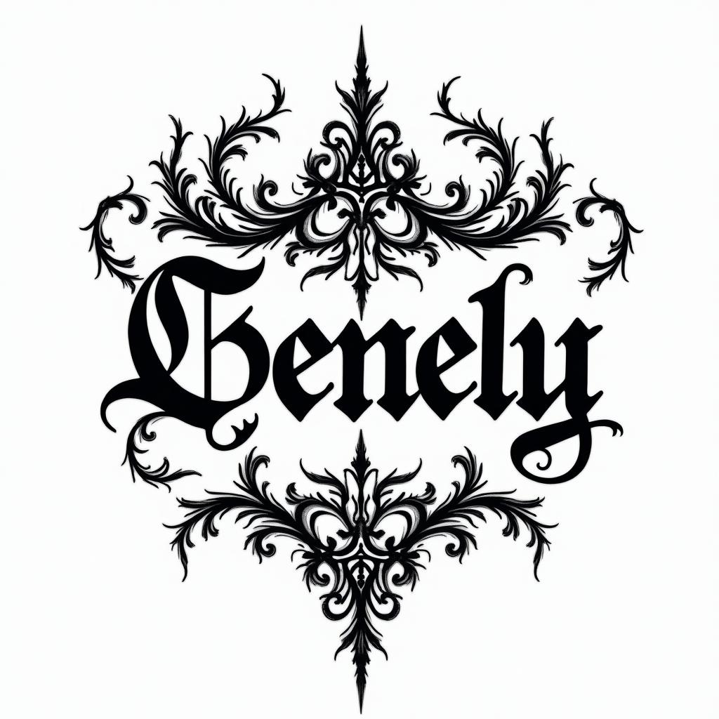 Genelytext-based tattoo, gothic font ultra-realistic, perfectly placed, high-quality font design, photo-realistic shading, 8k, high quality, finely detailed typography - Variation 4