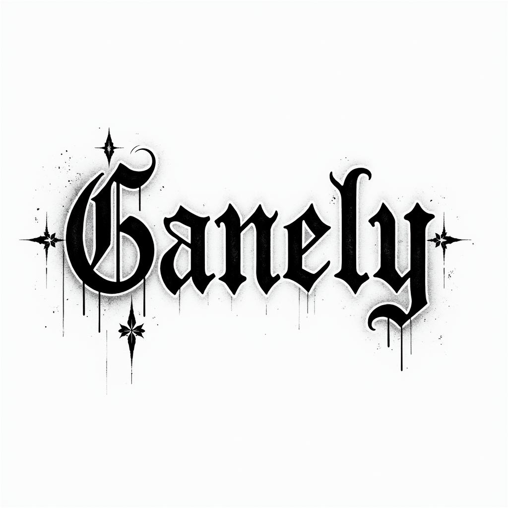 Genelytext-based tattoo, gothic font ultra-realistic, perfectly placed, high-quality font design, photo-realistic shading, 8k, high quality, finely detailed typography